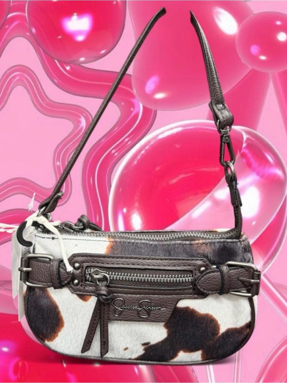 Jessica Simpson Brown & White Cowhide Mini Shoulder Bag with Front Zip